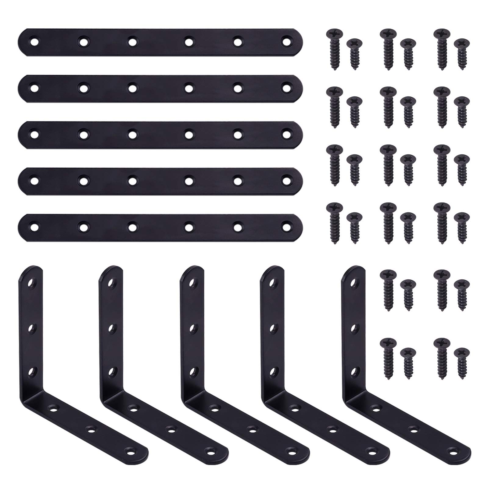 Swpeet 80Pcs Black Iron Corner Brace Kit, Metal L Corner Braces & Flat Straight Brace Brackets Shelf Support Brackets Joining Plate with Screws(100x100x3mm,200x20x3mm)