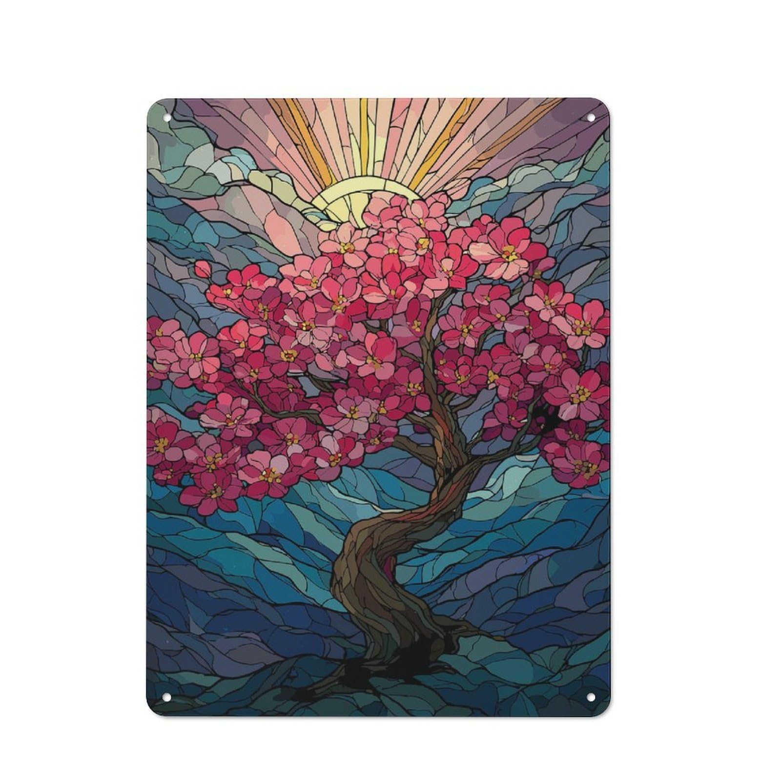 Junmoney Stained Glass Cherry Blossom Tree Tin Wall Plaque 40X30cm With For Garage Or Workshop, For An Autumn Wall Display In Garage And Workshop