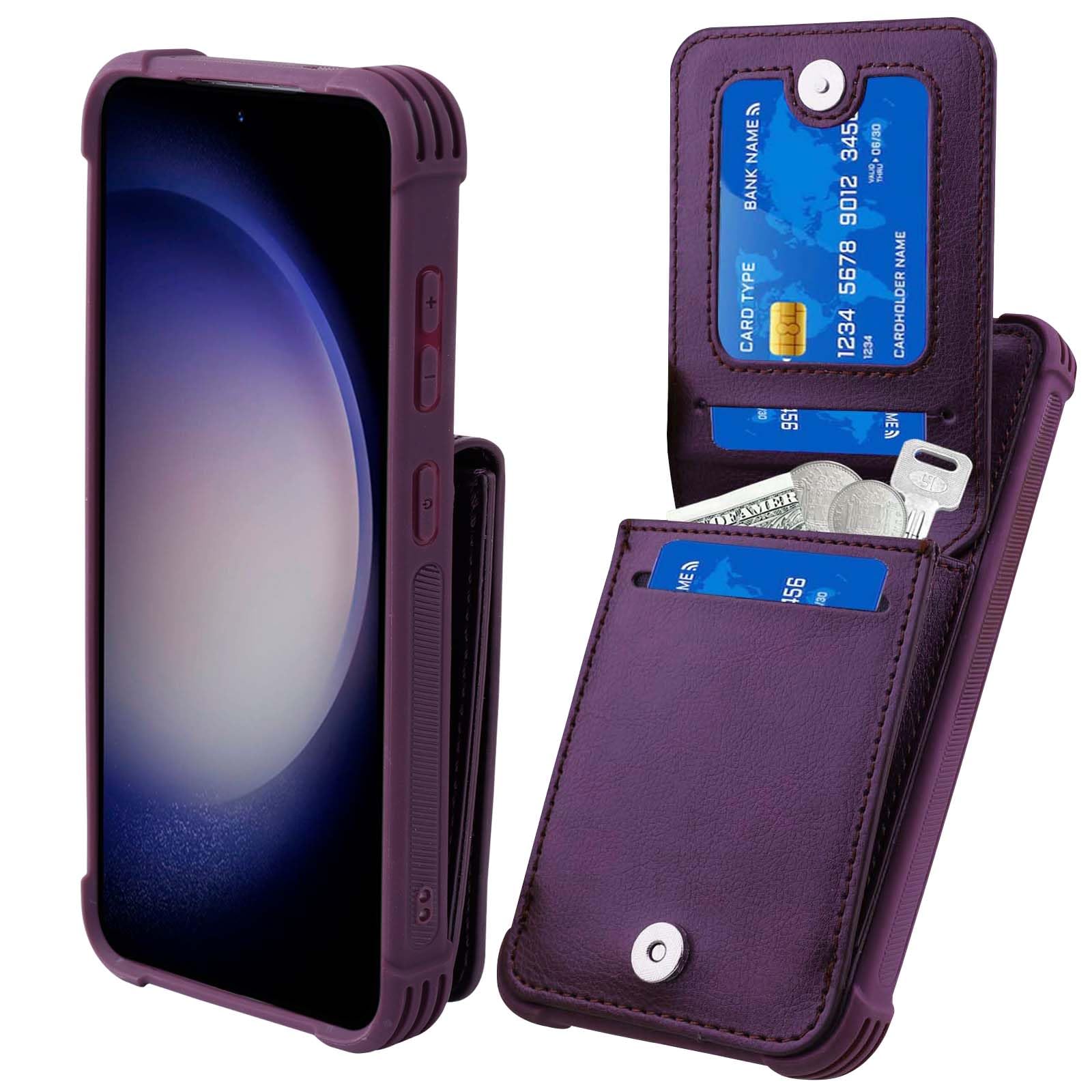 VANAVAGY Wallet Case Compatible for Galaxy S24 5G for Women and Men,Leather Magnetic Clasp Flip Folio Phone Cover with Credit Card Holder and Coin Pocket,Purple
