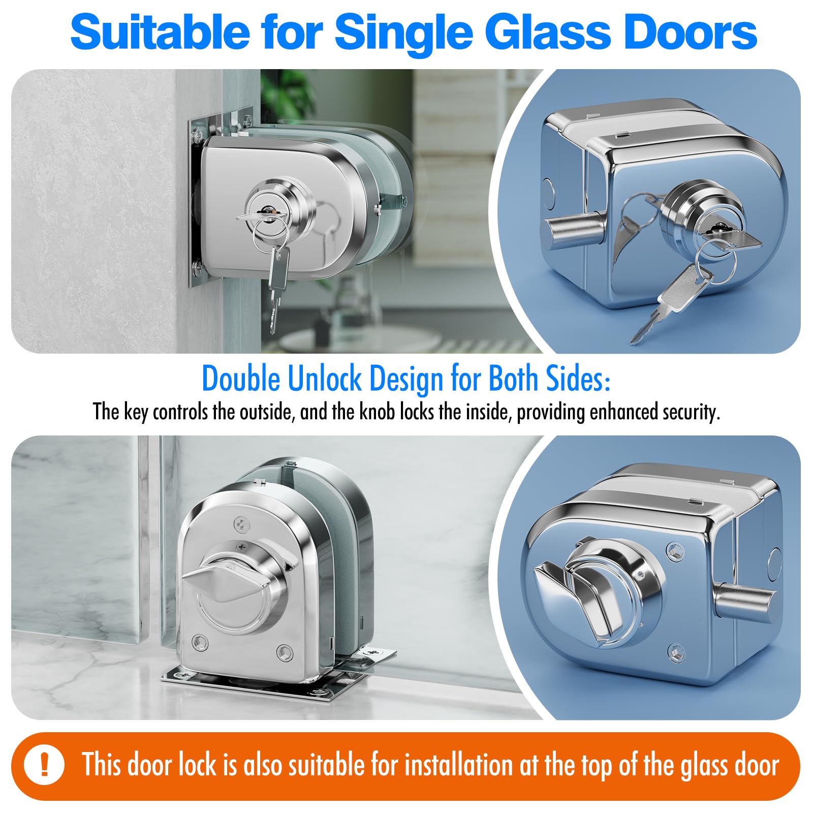 Ranbo serrure en acier inoxydable 304 pour porte en verre 10–12 mm, finition chrome polie, livrée avec 2 clés, bouton rotatif intérieur, montage sans perçage ou avec vis, sécurité renforcée