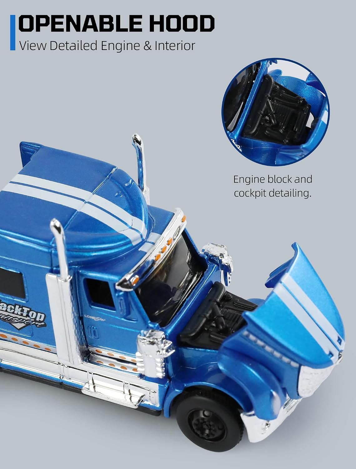 Semi Truck Trailer with Car Model Kit for International Lonestar and Ford, 1/65 Metal Auto Transporter Long Haul Carrier Diecast Truck Toys Gifts for Boys Adult Collector -Blue