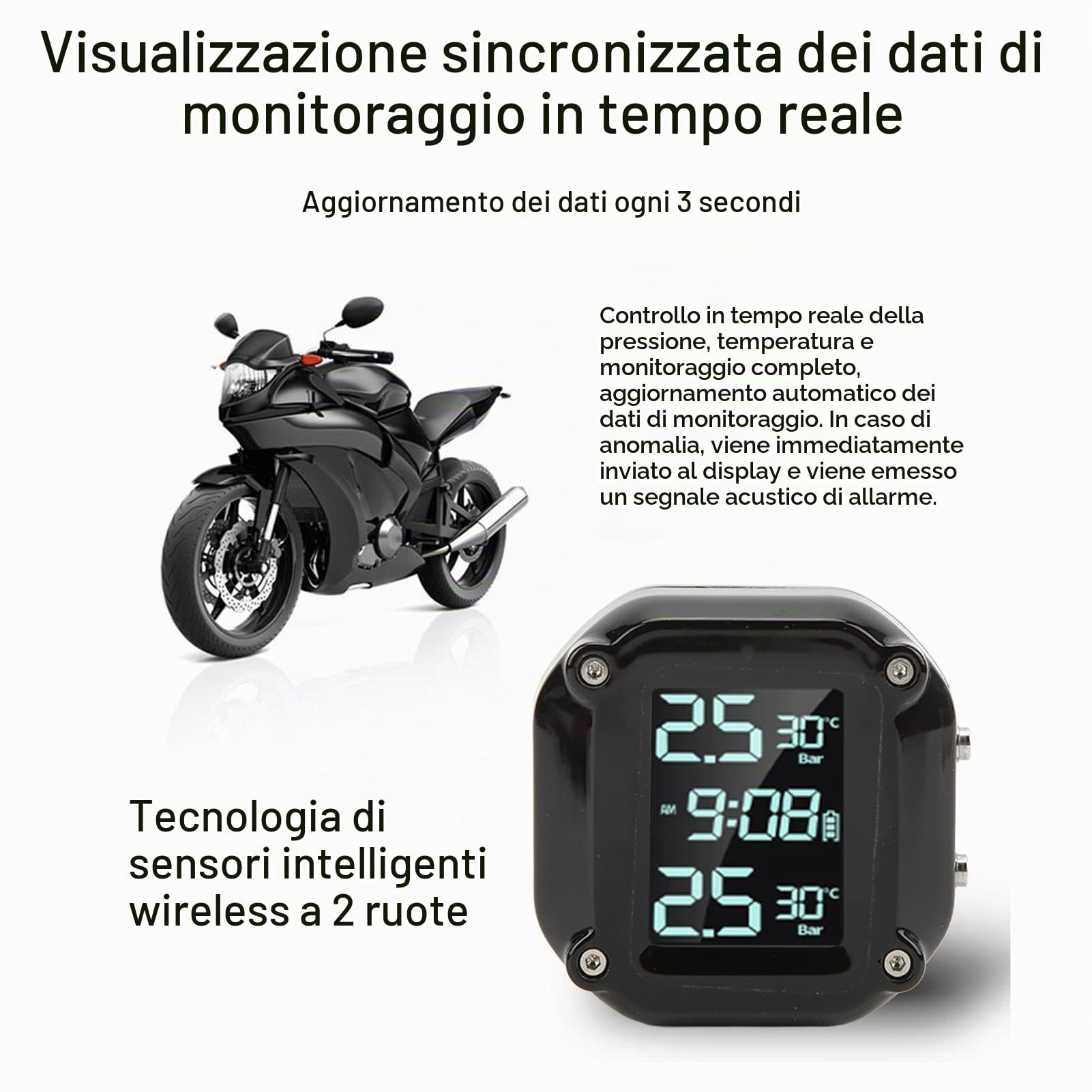 di Monitoraggio della Pressione dei Pneumatici di Monitoraggio della Pressione dei Pneumatici per Motociclette con 2 Sensori Schermo LCD di Ricarica USB IP67 TPMS