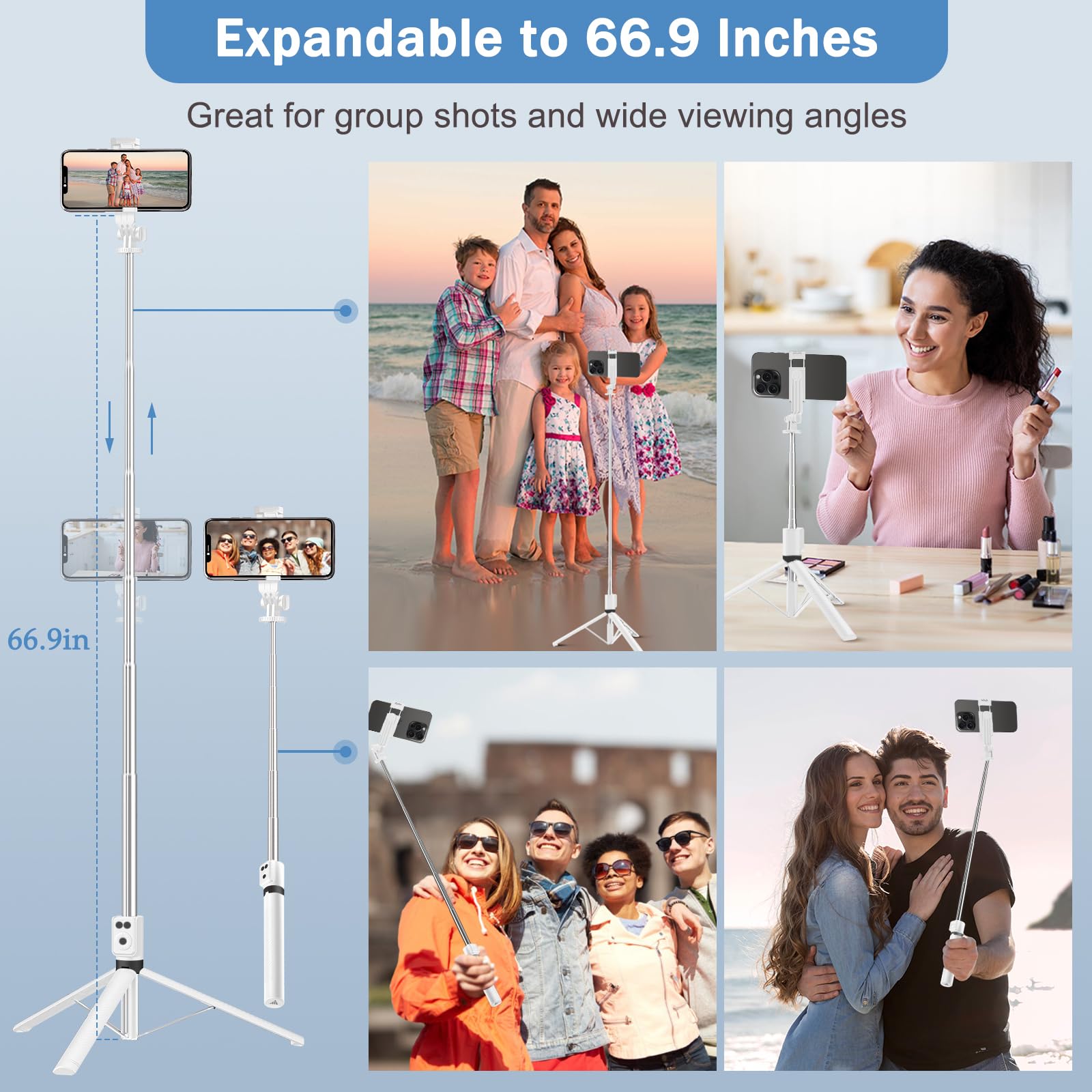 Treppiede per selfie con luce di riempimento, bastone per selfie per telefono, design in acciaio inossidabile resistente, telecomando Bluetooth e supporto stabile a tre gambe per trasmissioni in
