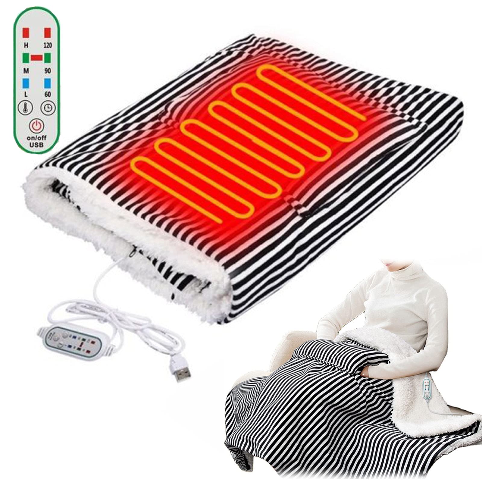 Coperta elettrica, sciarpa riscaldata USB Electric G? Con impostazioni 3G, coperta in flanella di peluche con funzione tempo per auto, ufficio, casa, funzionamento a batteria - Lavabile (105 X (Nero)