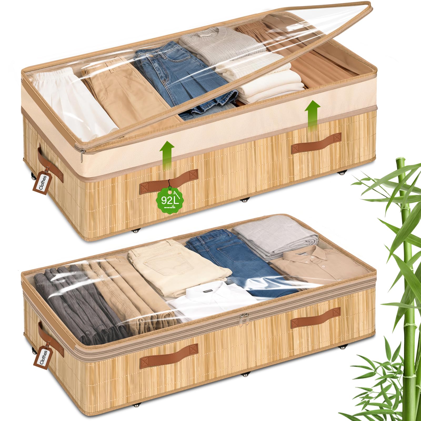 Photo 1 of Livole 2 Pack Bamboo Under Bed Storage with Wheels, 6-10 inches Height Adjustable Underbed Storage Containers, 92L XXXL Large Rolling Under Bed Storage Bins for Clothes, Blankets, Sweater, Shoes
