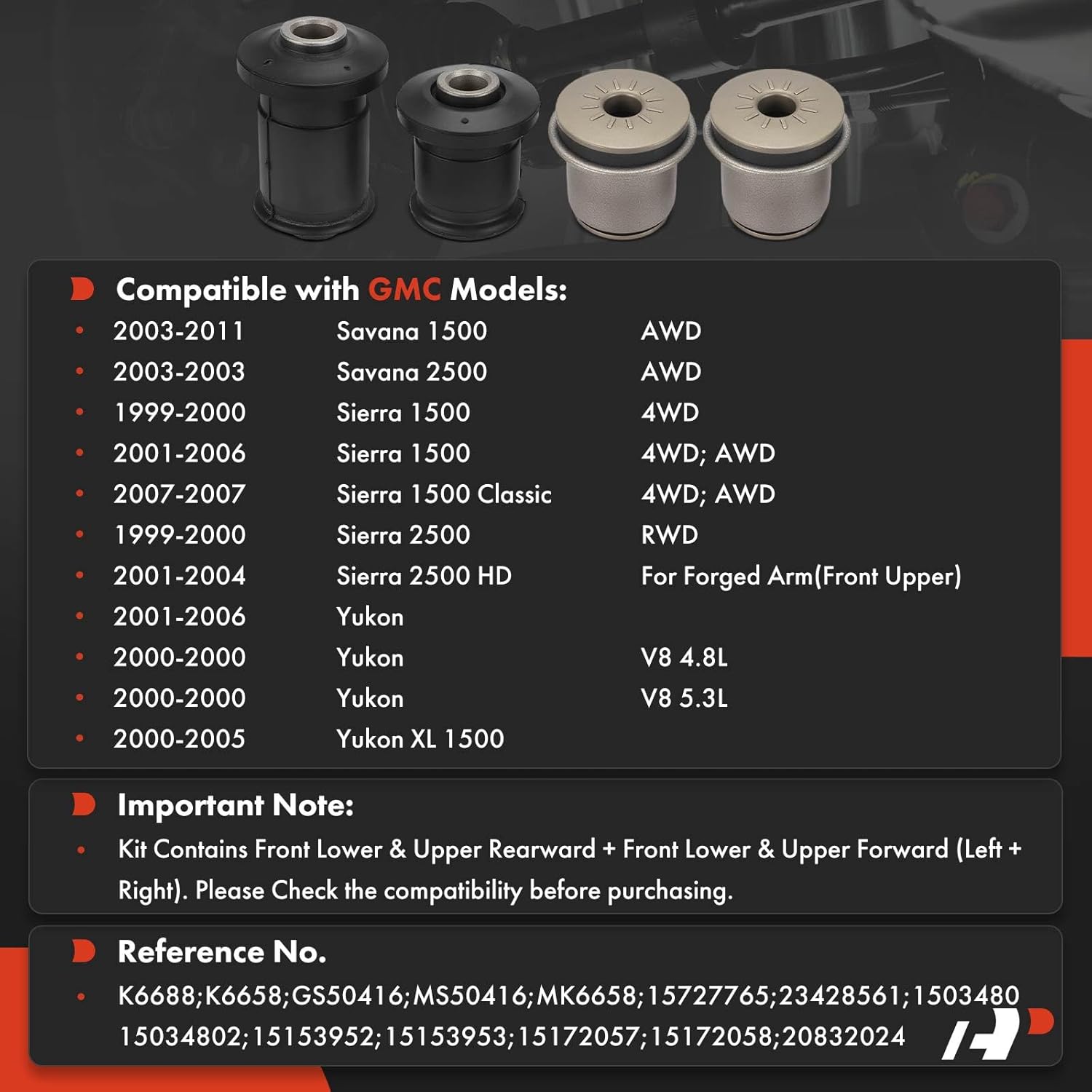 A-Premium Set of 4 x Front Upper & Lower Control Arm Bushing Kit, Compatible with Chevrolet Silverado 1500, Tahoe, Suburban, Express, Avalanche & GMC Sierra 2500 HD, Yukon, Savana & Cadillac Escalade