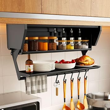 Kitchen Cabinet Drop Down Shelf, Fold Pull Down Shelf Brackets with 5 Hooks, Drop Down Shelf Blind Pull-Down Dish and Spice Rack