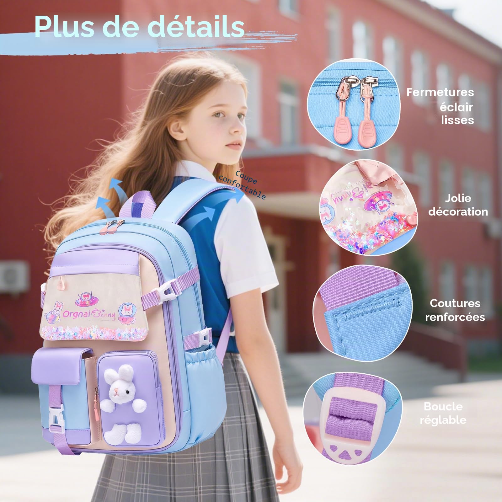 Tanou Sac d'école Fille Primaire, Cartable Scolaire Kawaii en 3 Pièces | Léger et Confortable Sac à Dos Fille avec Sac repas et Trousses, CE1 au CM2, Bleu