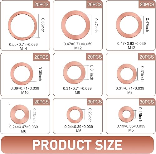 Miniatura 2 de lekiliky Juego surtido de 200 arandelas métricas de cobre, 9 tamaños de tapón de drenaje de aceite, surtido de arandelas aplastantes, junta de