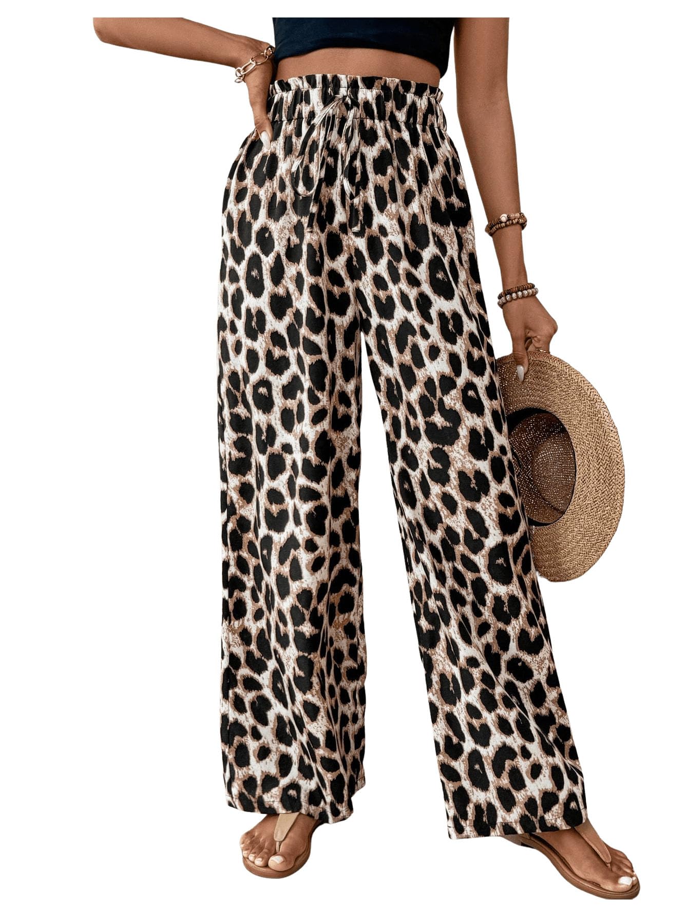 Floerns Womens Leopard Print Straight Leg Pants Loose Drawstring Waist Trousers