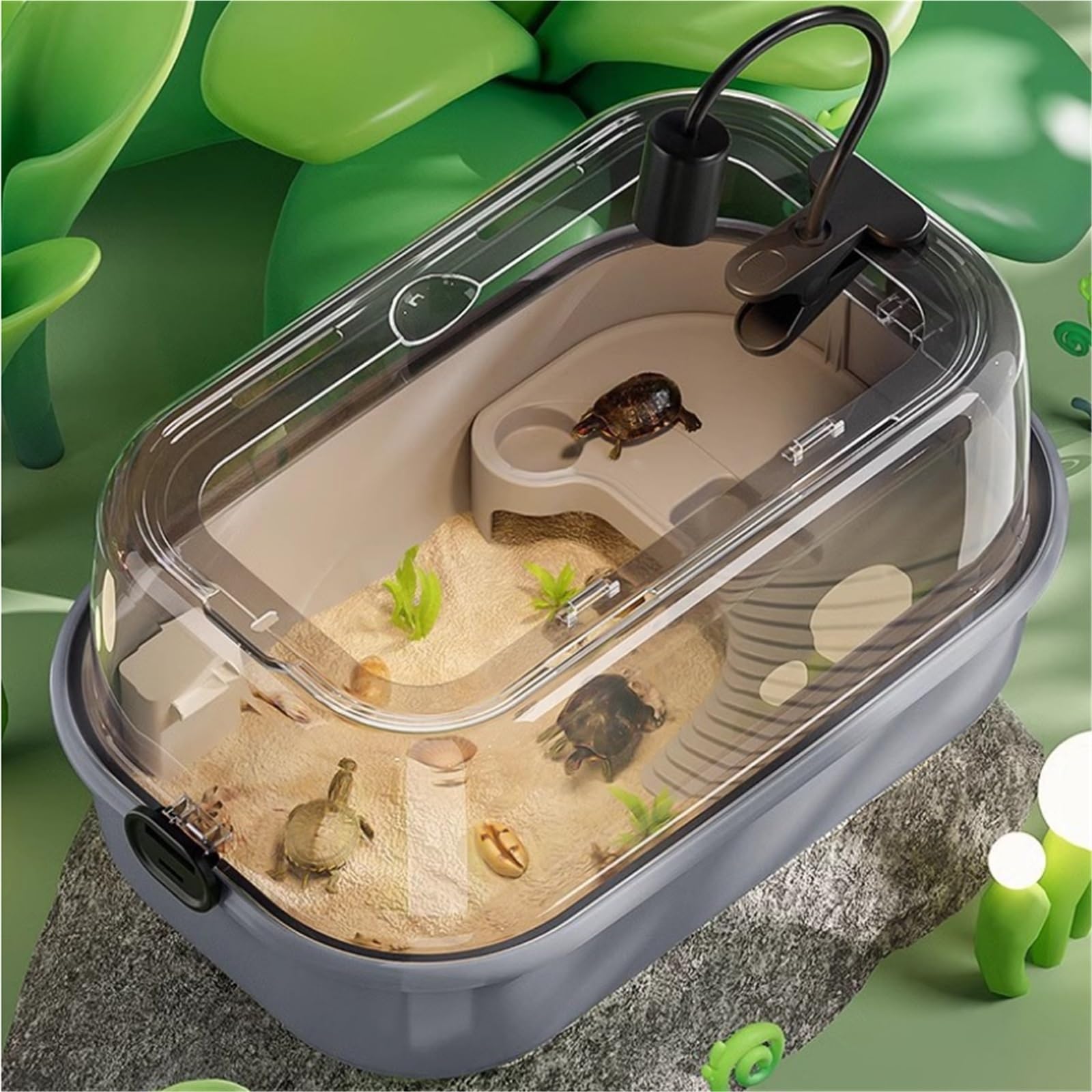 Hábitat del terrario Sun Terrace Turtle Villa Caja de alimentación Hábitat Perfecto for Sus Mascotas acuáticas Terrario del Acuario(Grey)