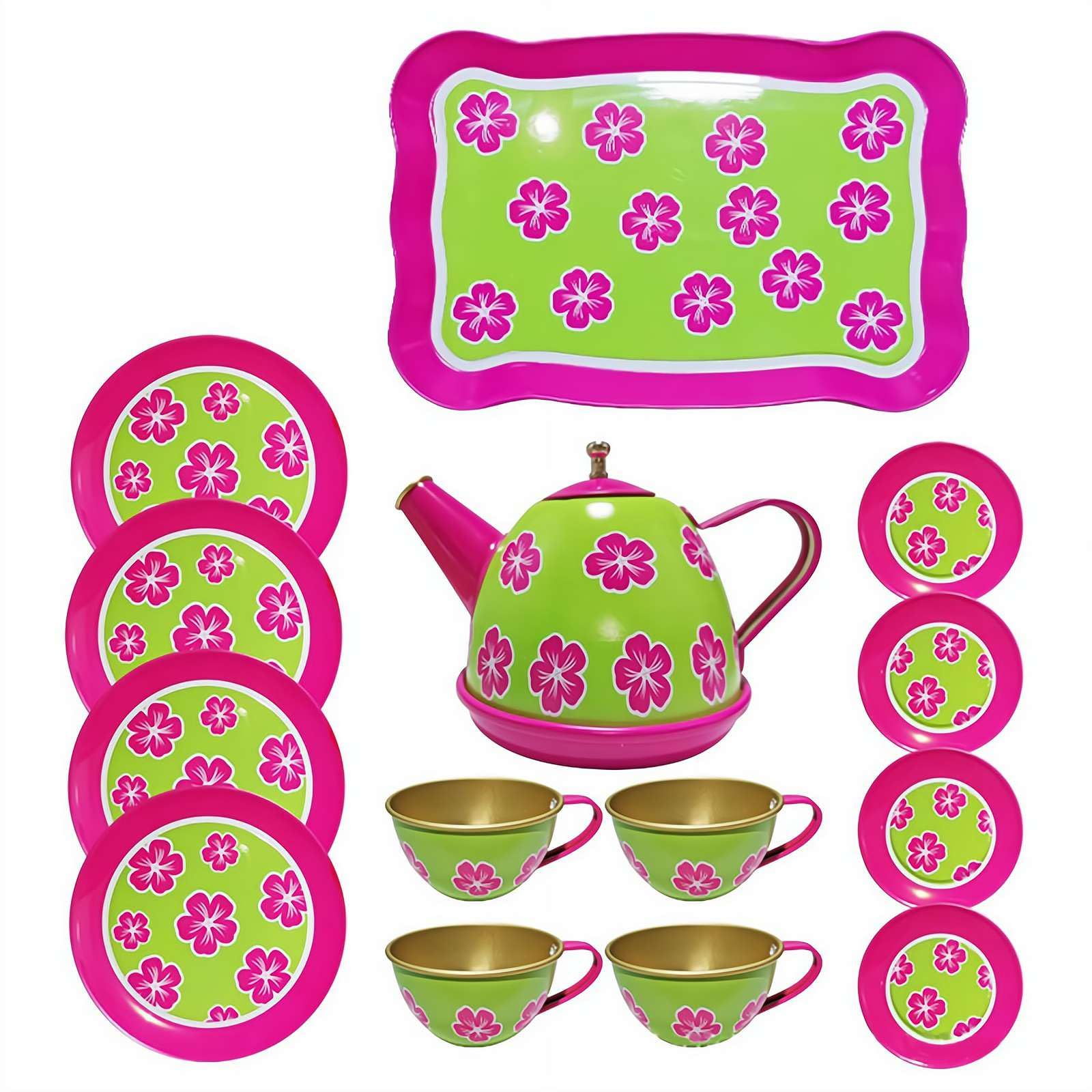 Kids Tea Party Set, Pretend Play Kitchen Party Dessert Cookies Teapot Tray, Metal Flower Te-a Se-t Toys for Toddlers Girls