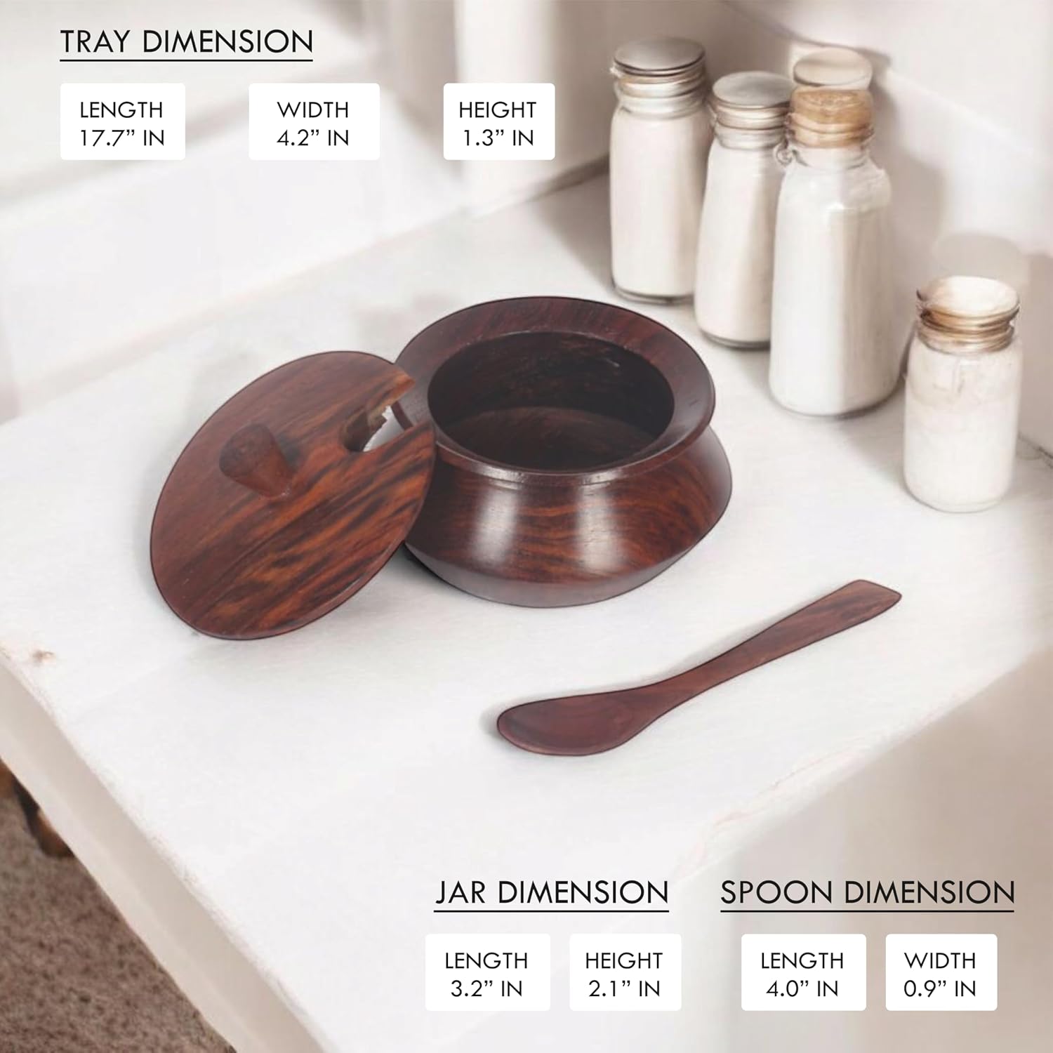 Wooden Serving Jars Set with Tray & Spoons Rectangular Mukhwas Tray Set Dining Table Multipurpose Saunf Containers Condiment Set Refreshner Box 60 ML Brown (Light Brown)