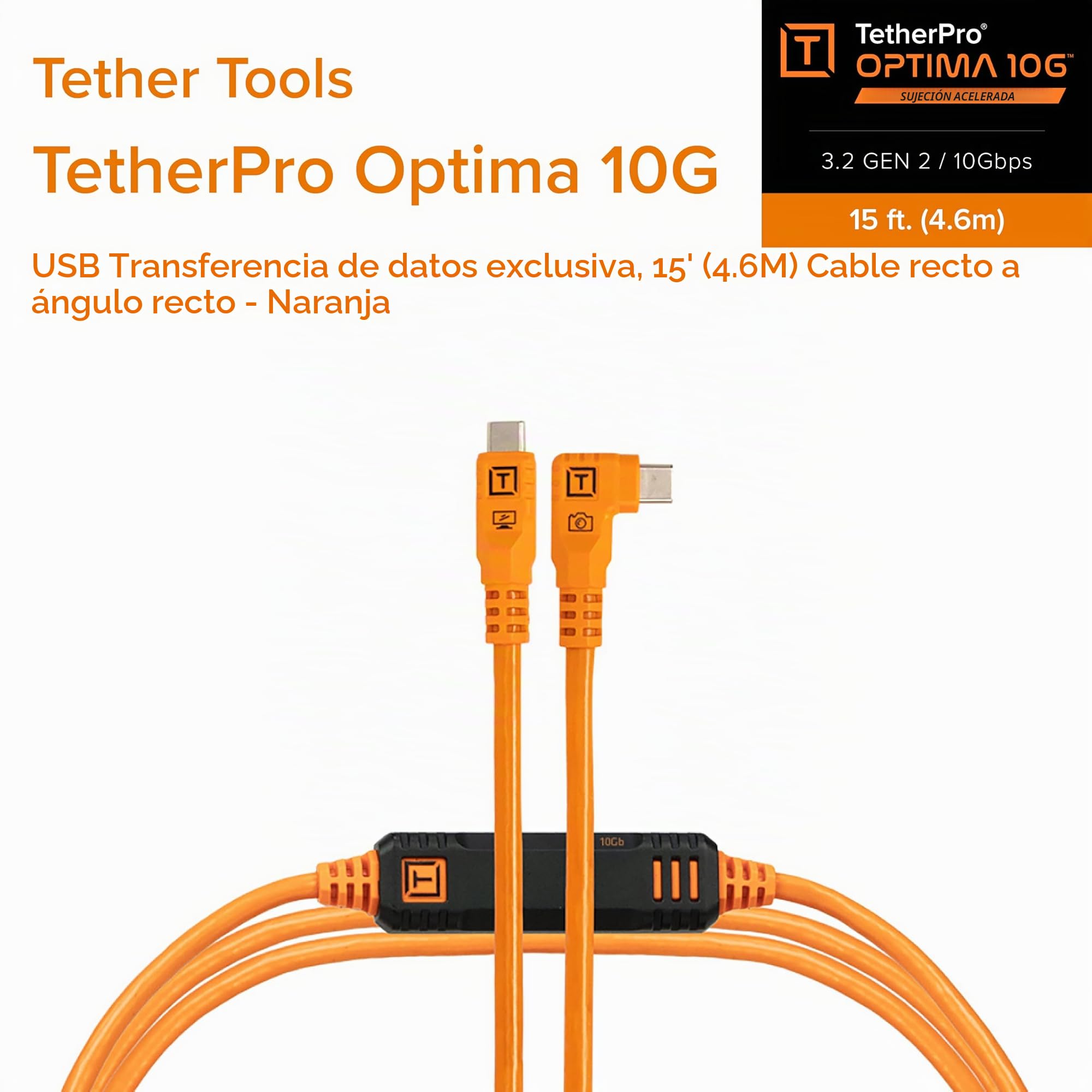 TetherPro Optima 10Gbps Gen 2 USB-C, 4,6 m, recto a derecho, naranja de alta visibilidad | Cable activo USB-C 3.2 Gen 2 solo de datos, naranja, sin Pd, 1 año de garantía