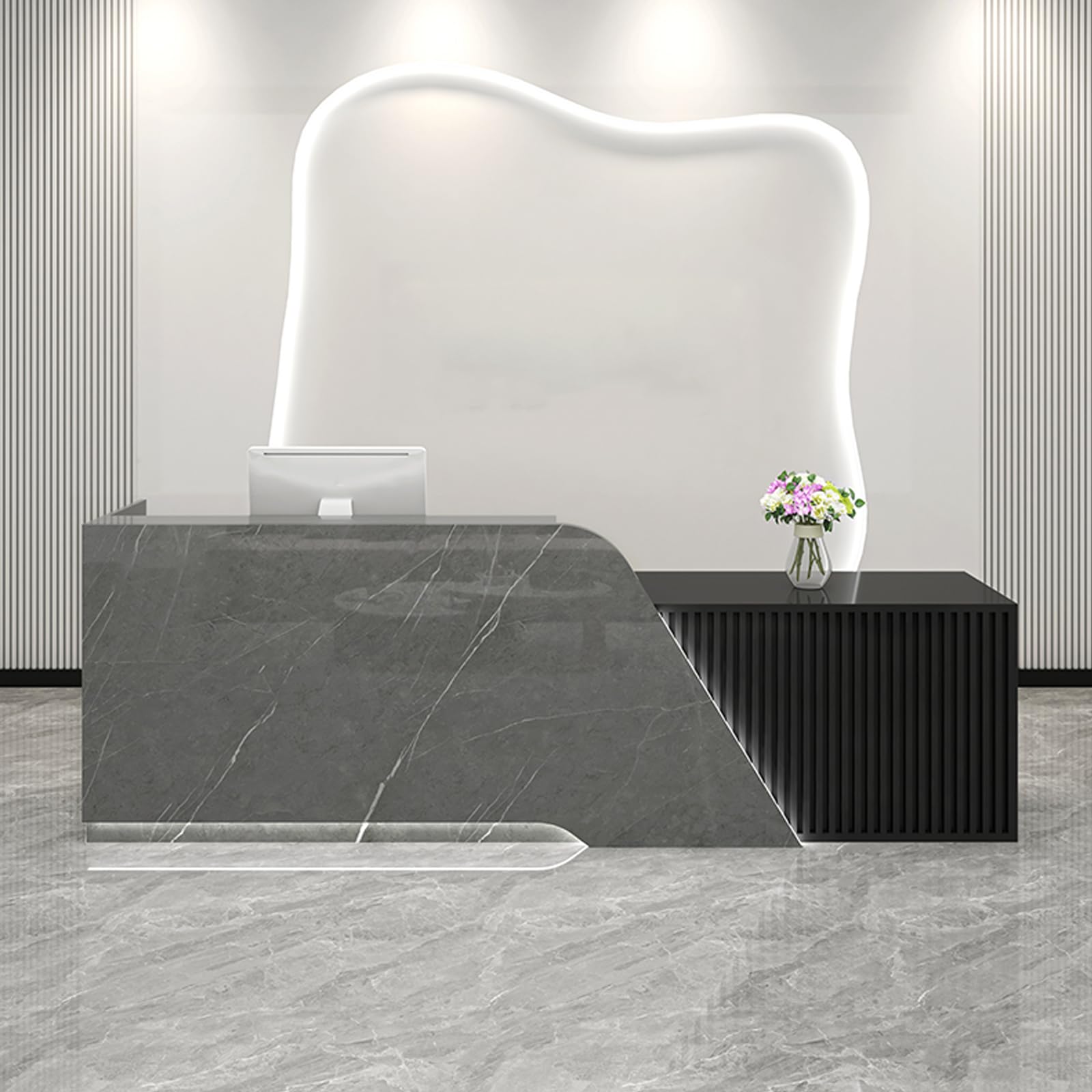 Modern Salon Front Reception Desk with Led Light, Lockable Drawer, Reception Desk with Counter, Retail Checkout Sturdy for Office, Shop, Easy to Install (Black (Right), 150x60x100cm)