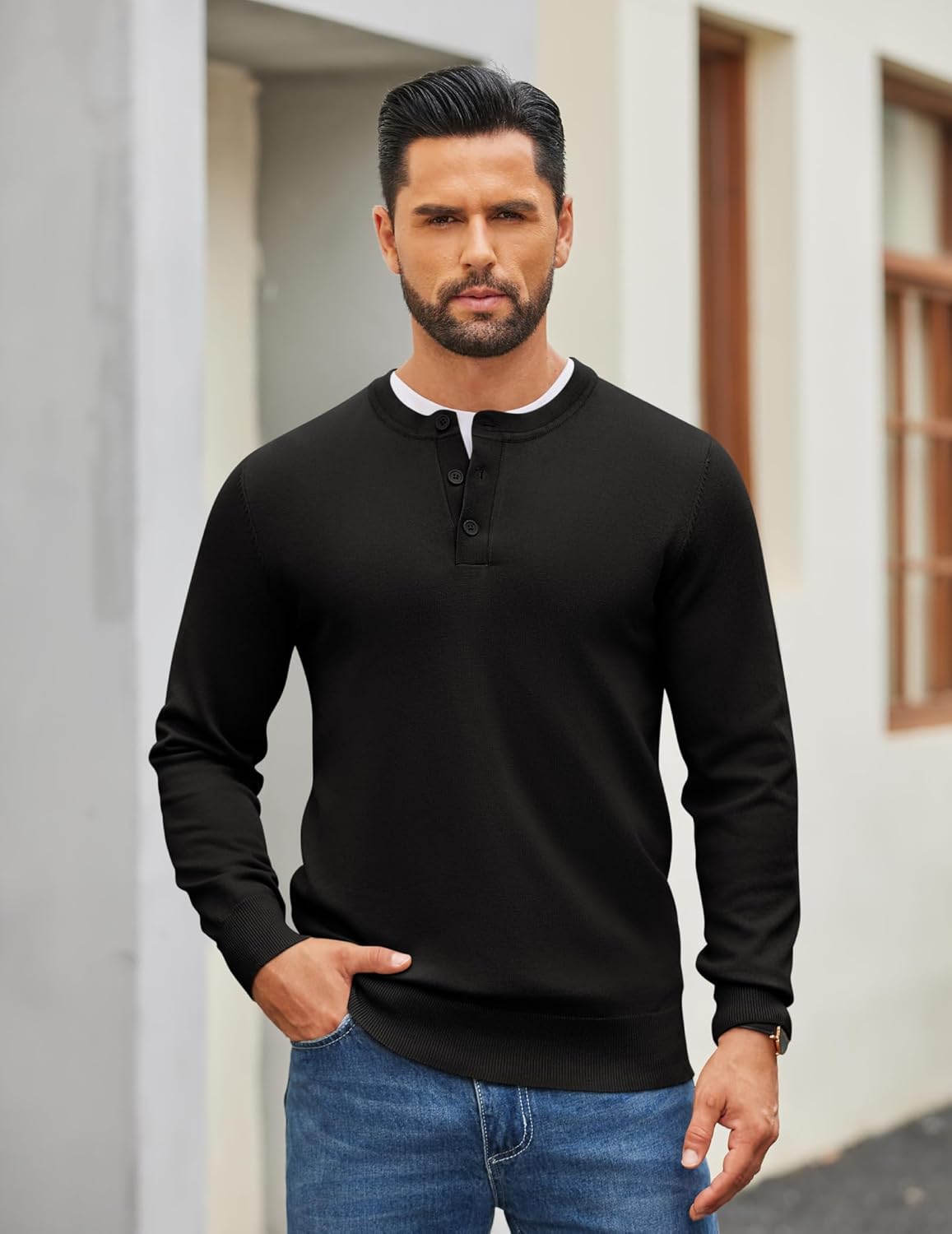 COOFANDY Mens Henley Sweater Long Sleeve Quarter Button Sweaters Casual Knit Pullover Sweater - Image 2