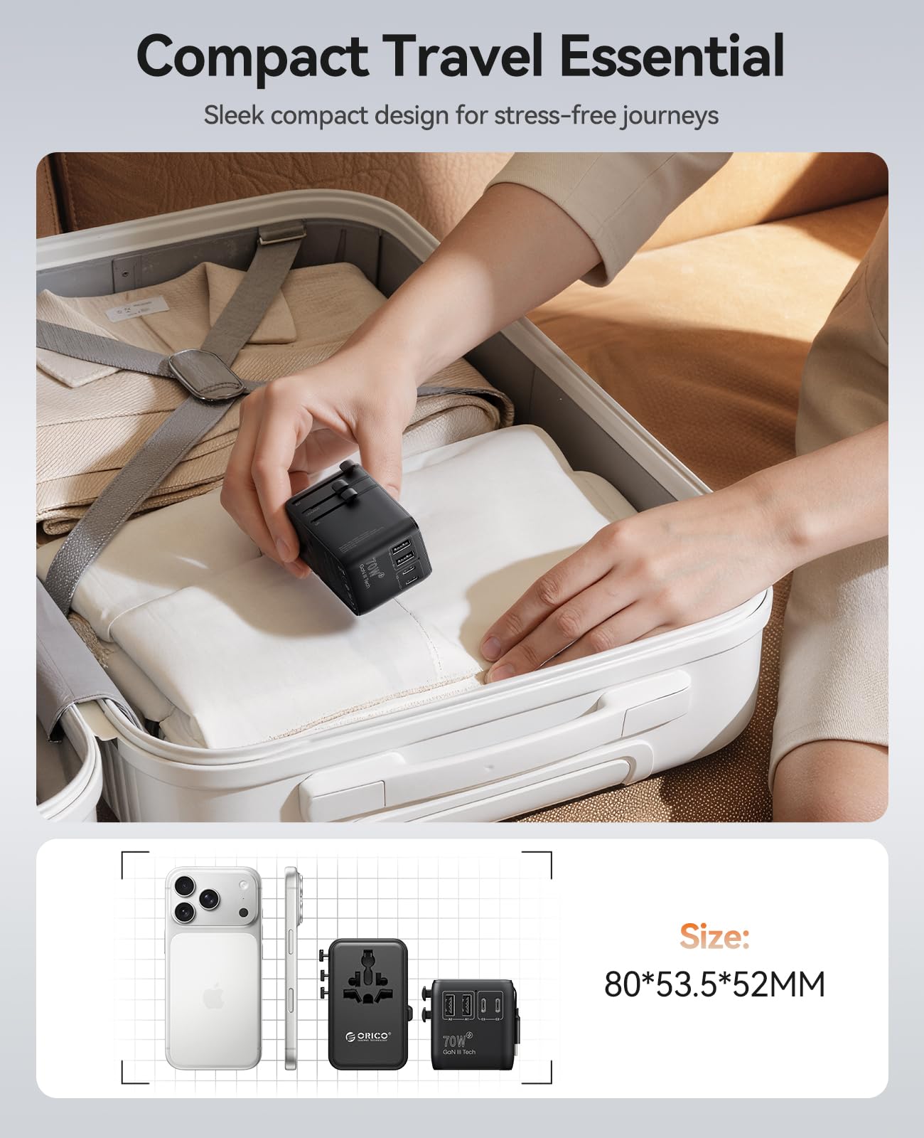 ORICO Adapter podróżny 70 W na całym świecie z wysuwanym kablem, uniwersalna wtyczka podróżna z 2 AC + 2 USB A+3 USB C, międzynarodowy adapter gniazdka, do Anglii, USA, Japonii, Tajlandii, Australii