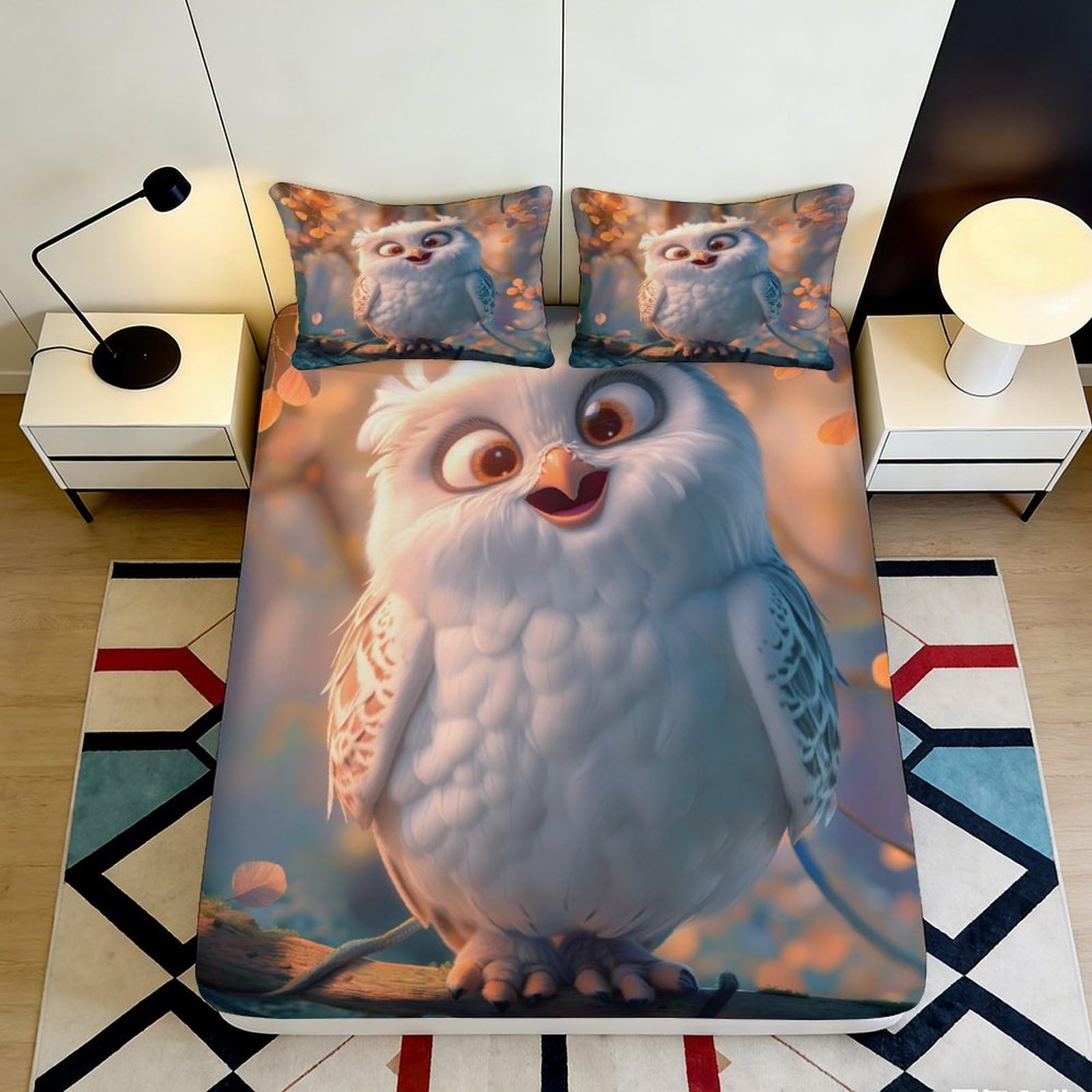 Tjiqhvmrn Style-6 3D Printed Cute Owl Fitted Sheet Microfiber Deep Pocket Non-Slip Bedroom Bedding Owl Mattress Fitted Cover Elastic Hem Washable Mattress Protection 90X200x25cm