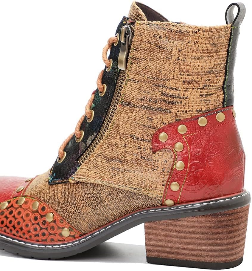 SOCOFY Ankle Boots for Women,Boots for Women Winter Shoes Bohemian Flowers Embroidery Splicing Leather Boots Anti Slip Walking Boots Retro Zipper Short Bohemian Casual Ankle Waterproof Boots for Women