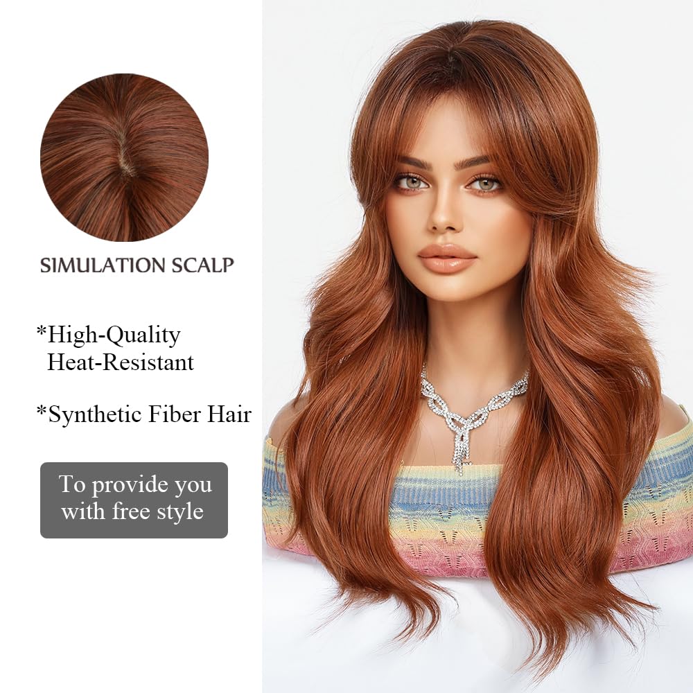 OUFEI Long Ombre Auburn Wig With Curtain Bangs Natural Wavy Wigs for Women Natural Synthetic Hair Heat Resistant Wigs for Daily Party Cosplay Wear - Image 3