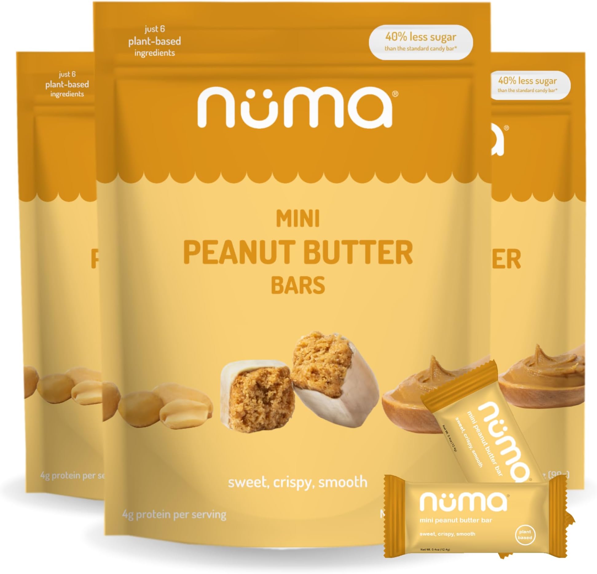 Numa Foods Mini Peanut Butter Bars – Vegan, Low Sugar, High Protein, All Natural, Gluten Free – Crunchy Plant Based Peanut Butter Snacks – 3 Bags with 8 Individually Wrapped PB Bites