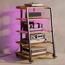 5-Tier HiFi Rack with Wheels, Turntable Table with Power Strips, LED Lights, Adjustable Shelf, Wooden Media Stand, HiFi Shelf for Audio System, Stereo Systems, 60 x 52 x 110 cm