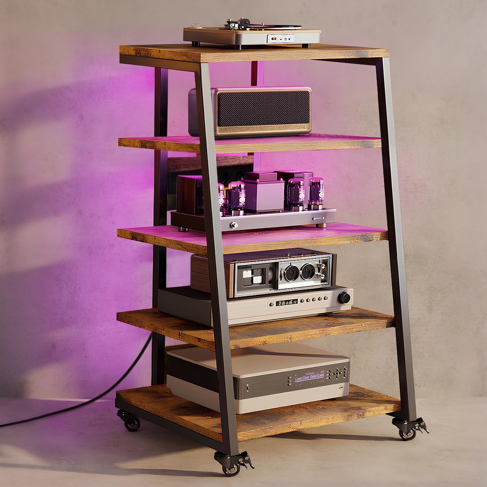Rack HiFi 5 niveaux, platine vinyle, lumières LED, étagère réglable, bois, 60 x 52 x 110 cm