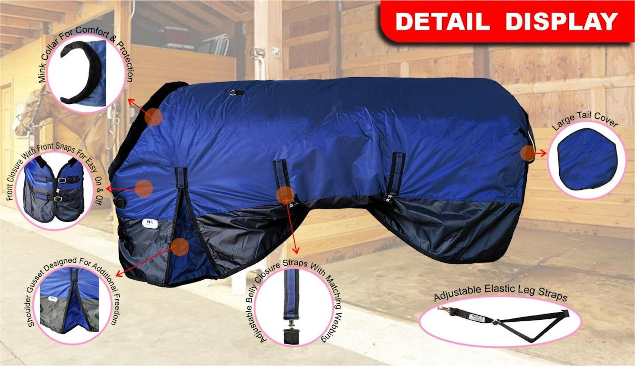 Majestic Ally 420D wasserdichte Pferde-Stalldecke, 200 g Polofil, 210 T-Futter, mehrere Farben und Größen (Marineblau, 193 cm)