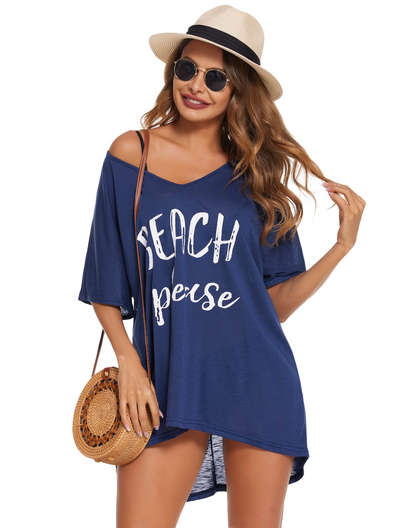 Ekouaer Damen Strandkleid Bikini Cover Up Sommer Strandponcho Bademode V-Ausschnitt Strand Lose Vertuschen Shirt mit Drucken S-XXL