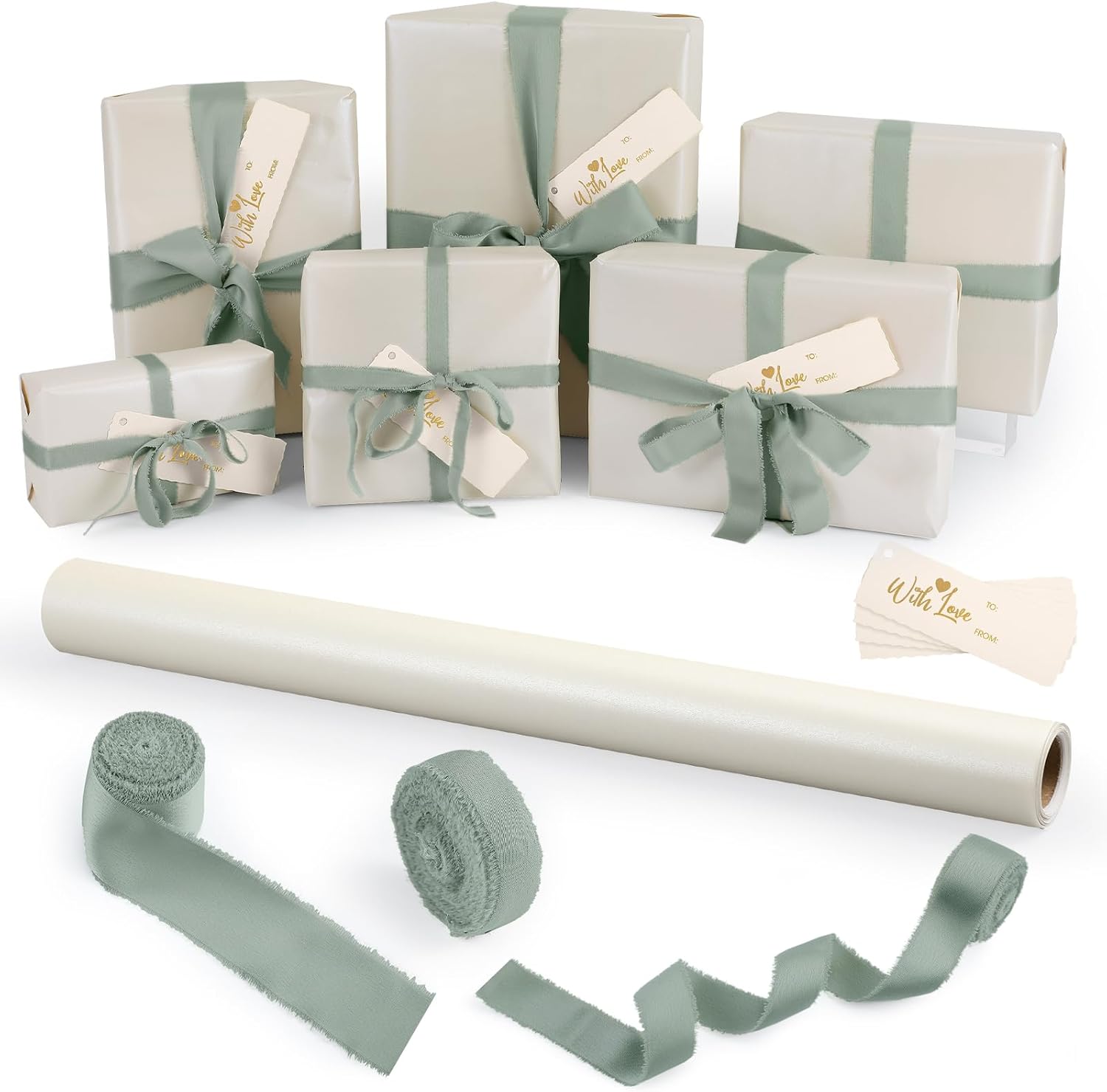 Ctosree Sage Green Wedding Gift Wrap Kit 32.81ft Wrapping Paper 3 Widths Fringe Satin Ribbon 12 Kraft Tags Elegant Packaging for Bridal Shower, Birthday & Holiday Gifts