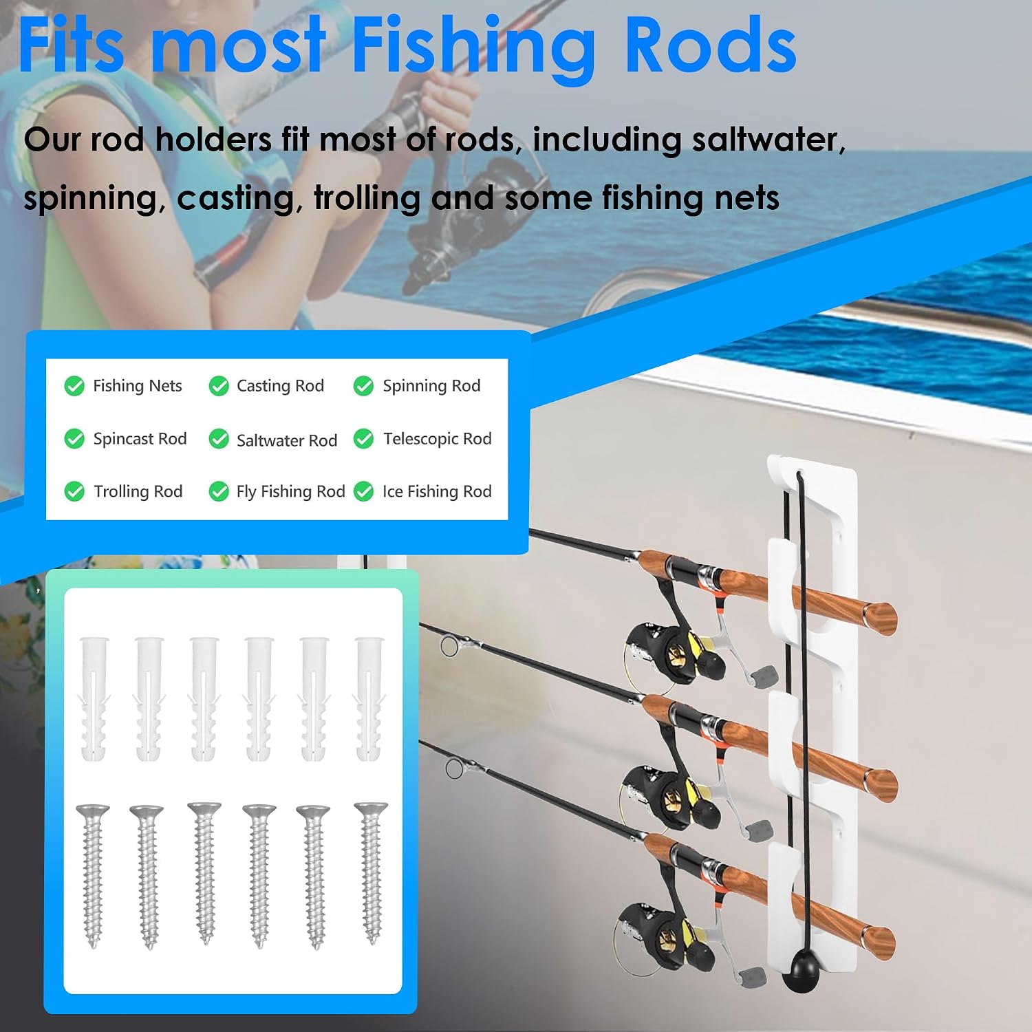White Plastic Horizontal Fishing Rod Holder, Wall Mounted Fishing Rod Rack, Fishing Pole Holders for Boat, Garage, Pack of 2