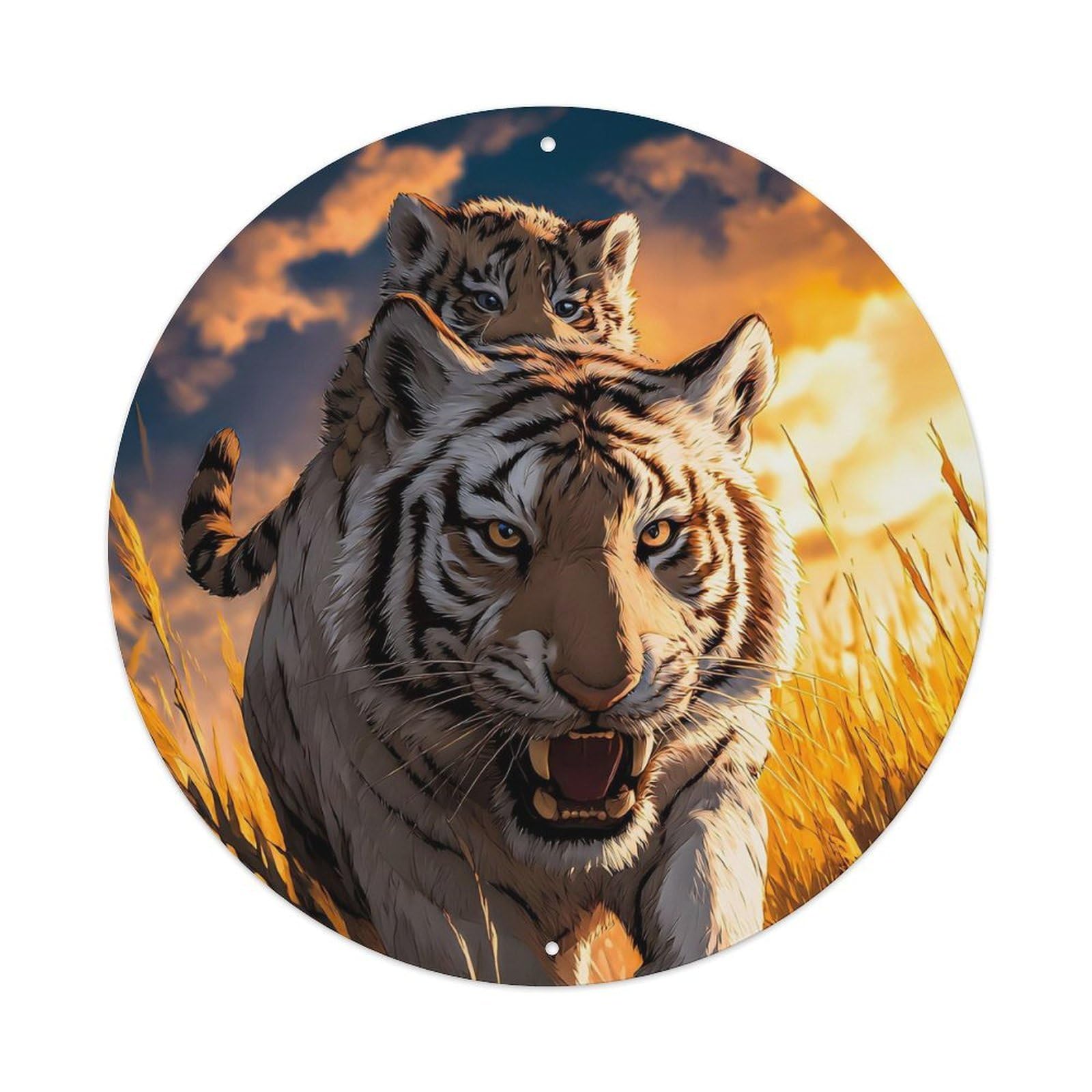 Animal Poster Tiger Parent Cub Sunset Wilderness Vintage Metal Tin Sign Plaque Wall Decor for Cafe, Club Bar, Office, Garden Metal Poster 8x8Inch