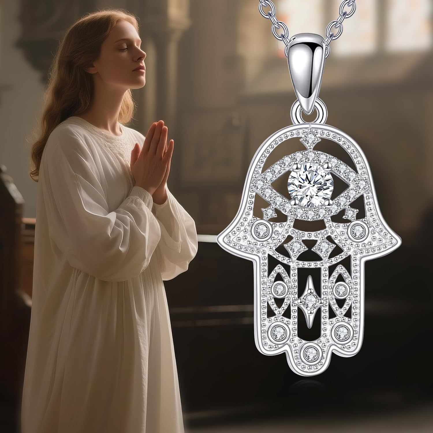 Moissanite Hamsa Hand of Fatima Evil Eye Necklace Sterling Silver Hamsa Hand Pendant 0.3 Carat Moissanite Jewelry Gifts for Women Men - Image 3