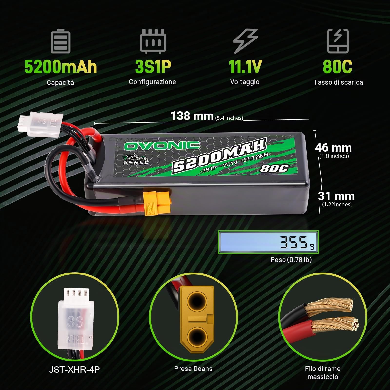 Ovonic - Batteria LiPo 3S 11,1 V 5200 mAh 80 C con connettore XT60 - Custodia rigida per RC Car Monster Truck RC Truggy Buggy RC Truck Hobby (2 pezzi)