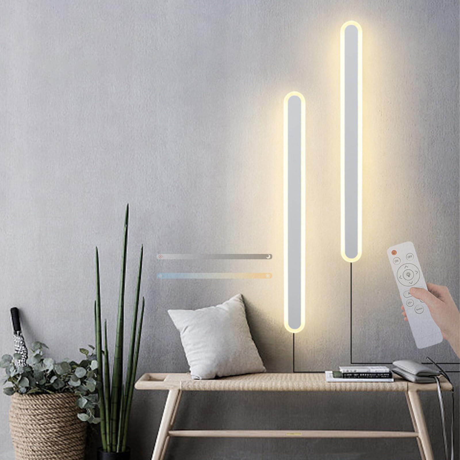 Wandlampe mit Schalter und Stecker LED Wandleuchte Innen Dimmbar Modern Flurlampe mit Fernbedienung Moderne Wandbeleuchtung für Schlafzimmer Treppenhaus Wohnzimmer (Weiß,100CM)