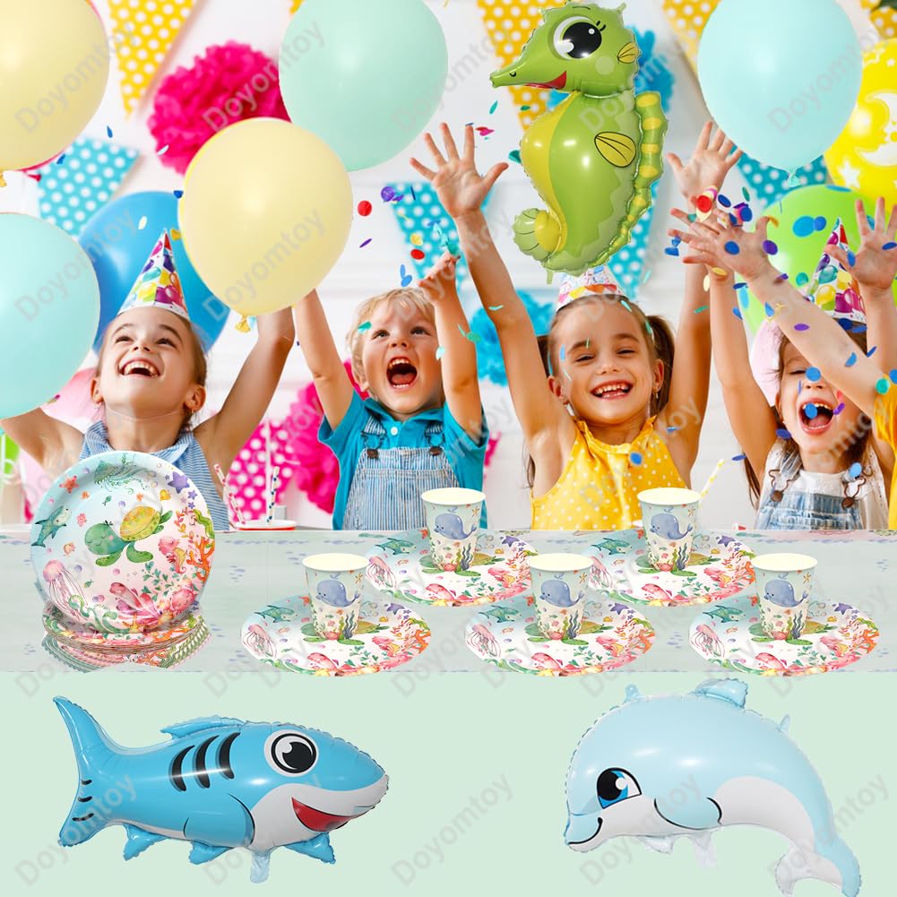 Set De Vaisselle En Papier Océan - 53 Pièces Pour Fête D’anniversaire - Assiettes, Tasses, Serviettes, Nappe - Thème Animaux Marins - 4