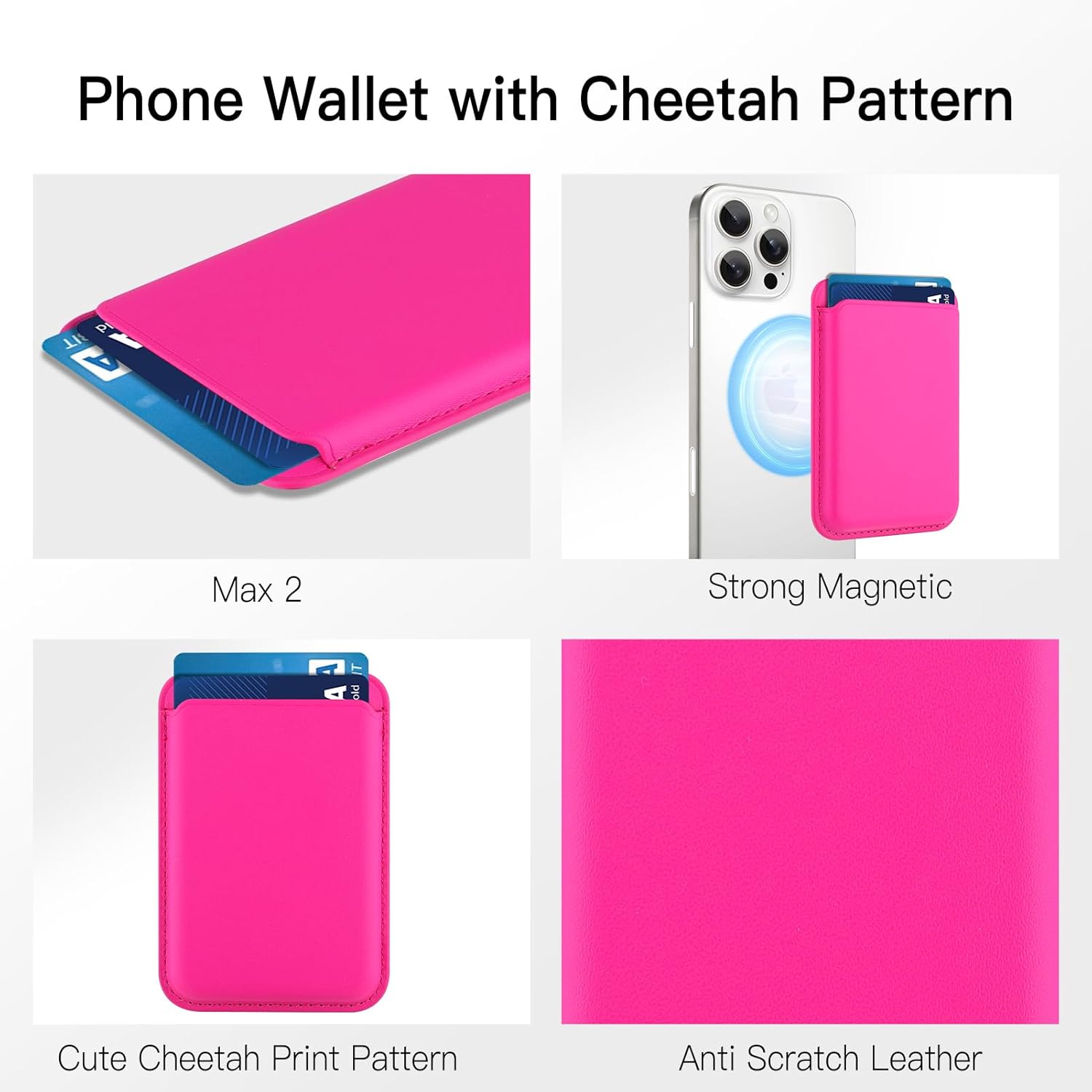 MOWIME Compatible with MagSafe Wallet, Leather TPU Protective for Women Girls, Stronger Magnetic Card Holder Phone Wallet for iPhone 17/16/15/14/13/12 Series, Fit 2 Cards, Hot Pink - Image 5