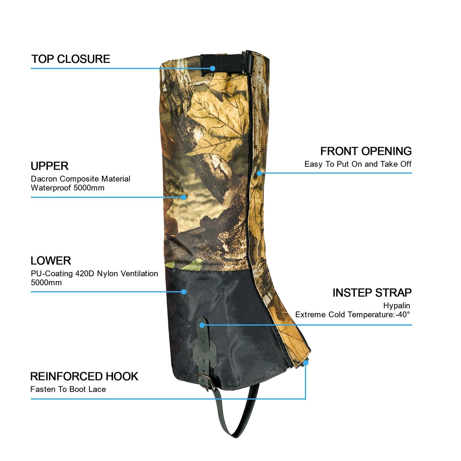 Guêtres de Jambe, guêtres de Raquettes à neigeGuêtres d'extérieur avec Bas réglables, adaptées à l'alpinisme, au Plein air, à la Chasse et à la Raquette
