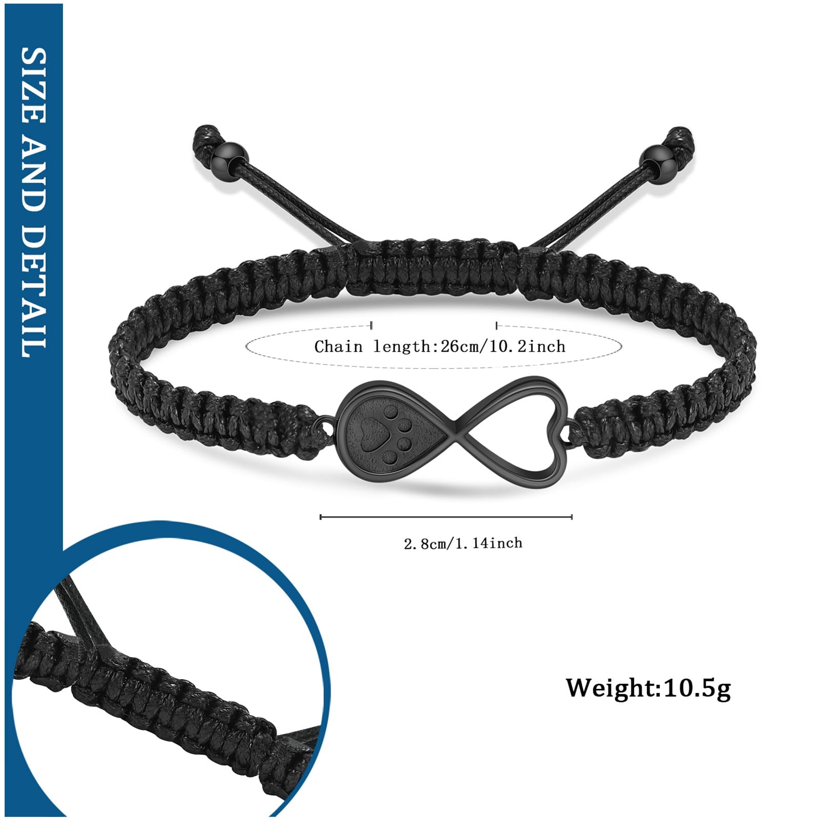 constantlife Infinity Heart Urn Bracelet for Ashes Pets Dog Cat Paw Print Cremation Jewelry Keepsake Braided Rope Adjustable Bangle Memorial Gift for Women Men (Black)