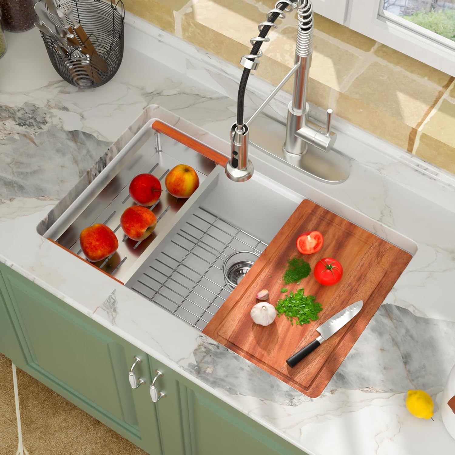 Logmey 30" White Granite Composite Undermount Sink,All in One Workstation Single Bowl Quartz Sinks,Scratch-resistant,Large Deep Under Counter Sink for Minimalist & Scandinavian Style Kitchen,30x19x9