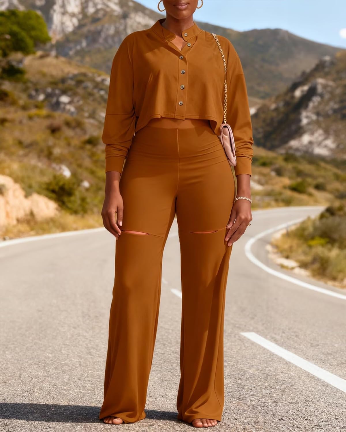 Ophestin Women 2 Piece Outfits Dressy Batwing Sleeve Button Down Crop Top Cut Out Wide Leg Pant Matching Tracksuit Sets - Image 5