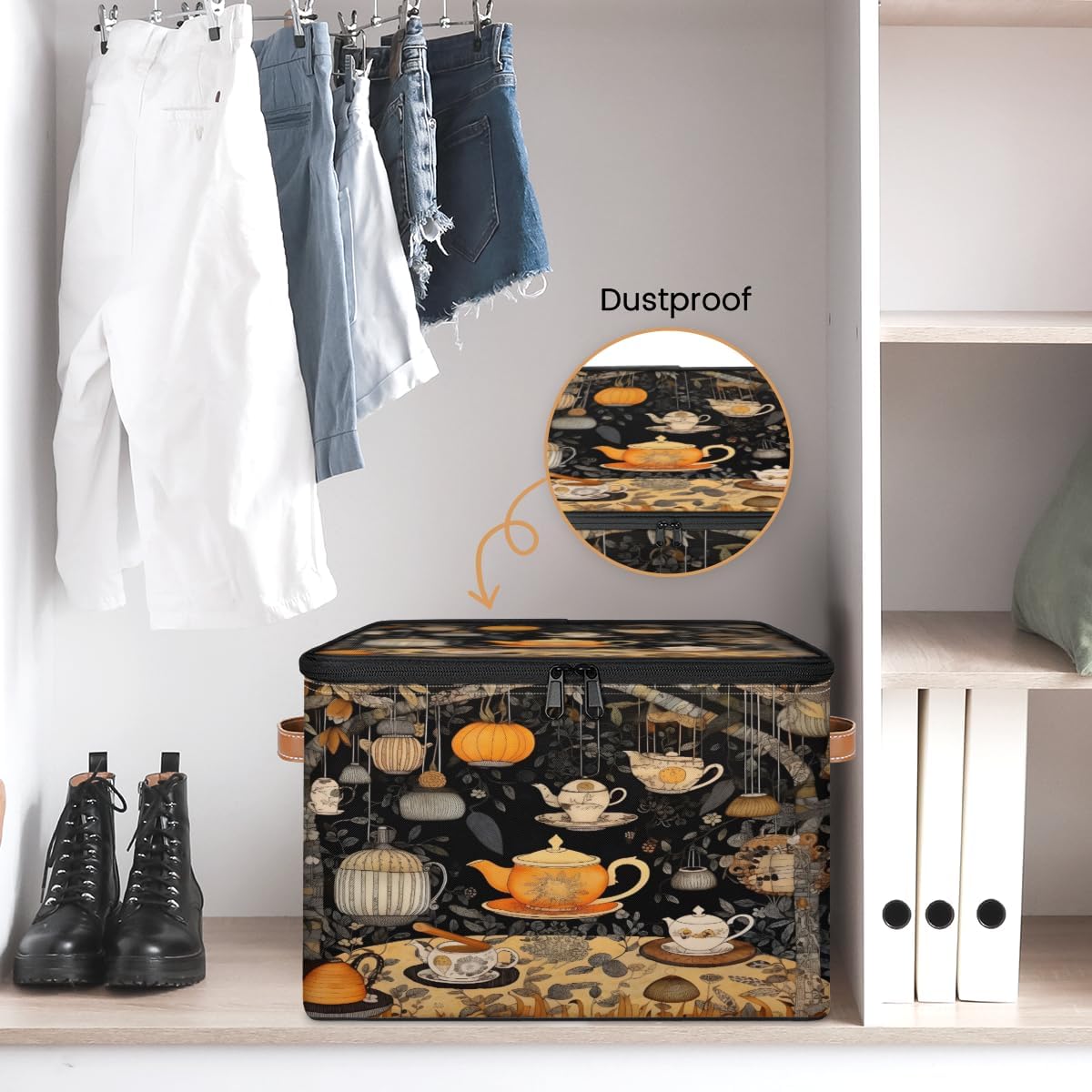 Storage Bin Set of 2 Classical Tea Cup Storage Basket with Zipper Lid & Handle Foldable Closet Shelf 2 Pack Cloth Organizer Basket Cube Bins Clothes Organizer for Bedroom, Nursery