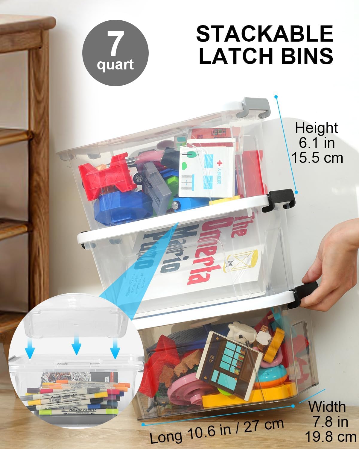 NUMIFUN 6x 8 L Aufbewahrungsbox mit Deckel, Transparent, Sicherer Verschluss, Stapelbare Aufbewahrungsboxen für Büro, Kinderzimmer, Kleiderschrank, Schule, Kunstzubehör, BPA-freies Plastik