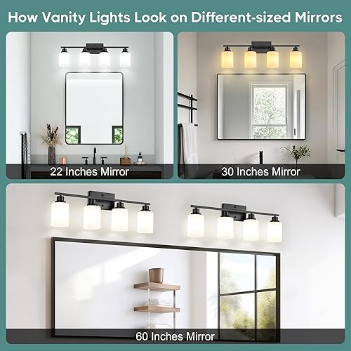 Miniatura 6 de Ascher Lámparas de baño, lámpara de tocador de 4 luces sobre espejo, apliques de pared negro mate con pantallas de vidrio esmerilado blanco lechoso,
