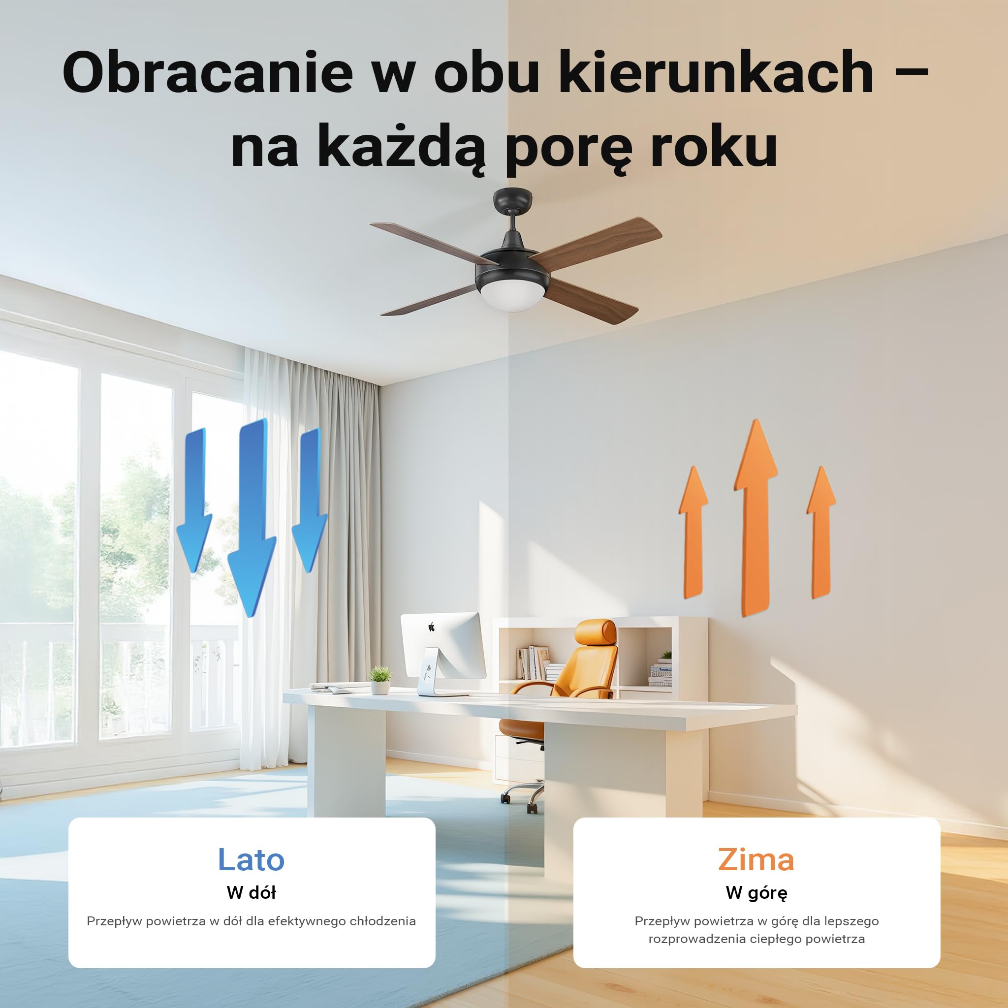 Wiltec Wentylator sufitowy Ø 122 cm z lampą, 4 łopatkami i 3 prędkościami, wiatrak z pilotem, timerem na 1/2/4 godziny, trybem letnim i zimowym