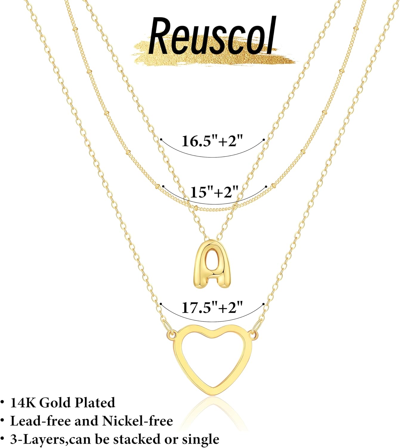 Heart Initial Necklace for Women, Gold Initial Necklaces, Gold Layered Necklaces for Women, 14K Gold Plated Bubble Letter A-Z Pendant Necklace Stack, Christmas Gifts for Women - Image 5