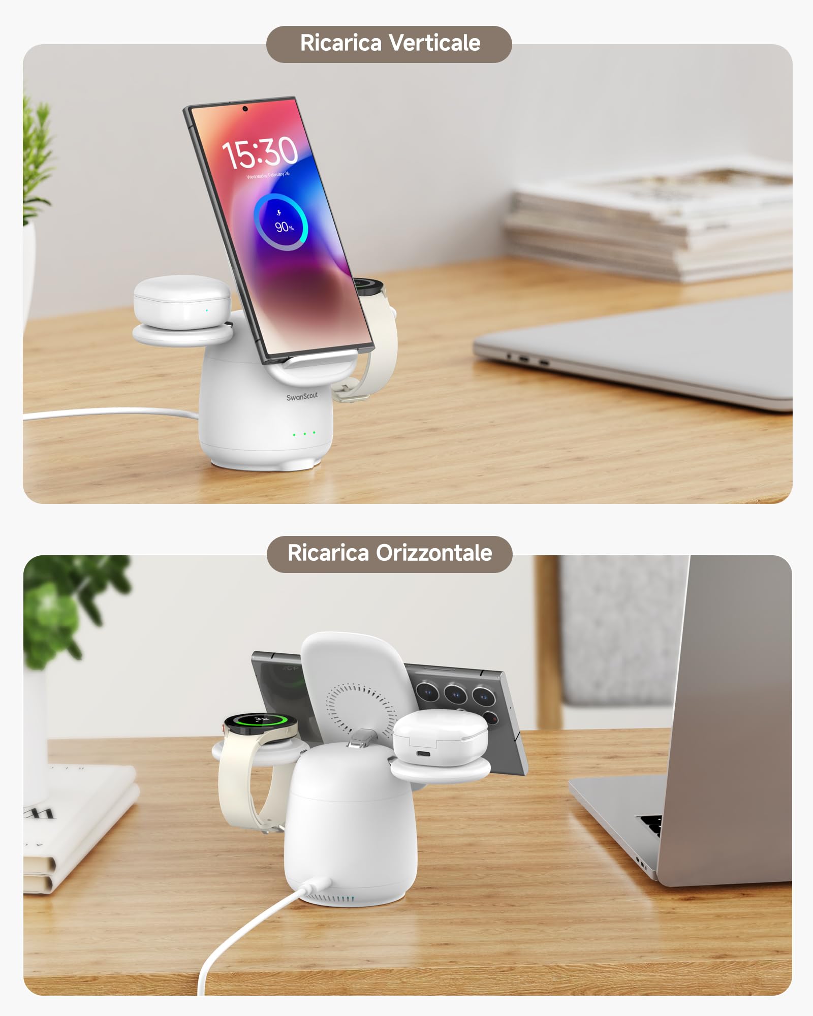 Caricatore Wireless per Samsung S26+, 3 in 1 Stazione di Ricarica per Samsung S25/S24/S23/Z Flip7/Z Fold 7, Ricarica Wireless per Galaxy Watch 8/Ultra/7/6/5/Buds 4, SwanScout 707S (No Adapter)