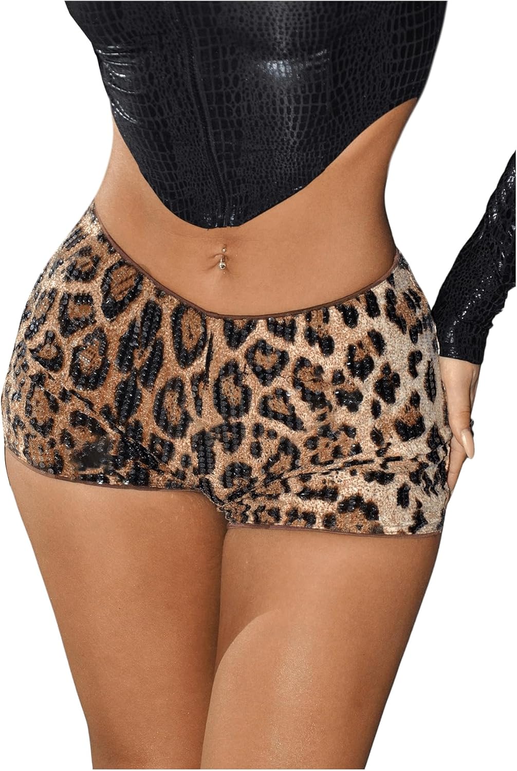 SHENHE Women's Glitter Sequin Leopard Shorts Low Rise Sexy Rave Club Booty Shorts Hot Pants