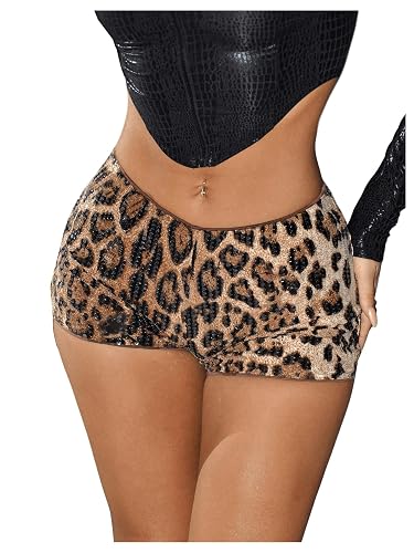 SHENHE Women's Glitter Sequin Leopard Shorts Low Rise Sexy Rave Club Outfits Booty Shorts Hot Pants - Small - Brown