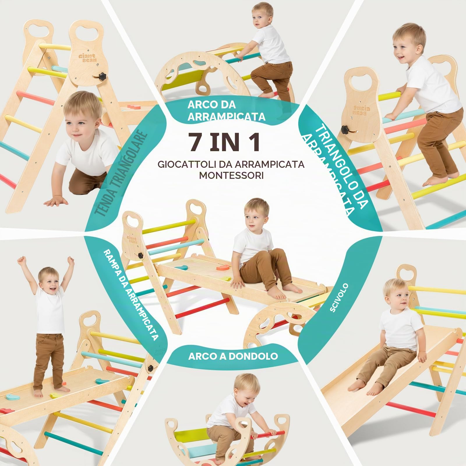 Giant bean Trianglello per Arrampicata Montessori 5 in 1 con Arco da Scalata e Scivolo, Struttura in Legno per Bambini 2-5 Anni